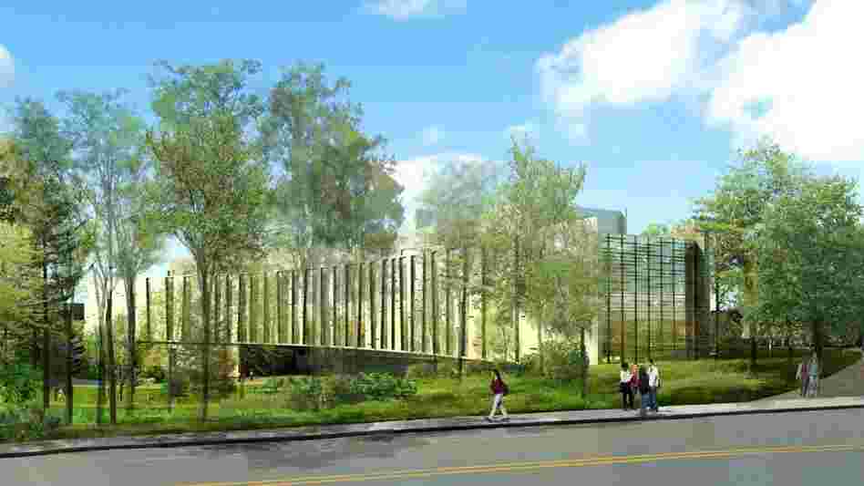 This illustration shows a planned building at Vassar, which will be built into a wooded area, and will use special Ornilux Mikado glass that reflects UV light visible to birds. This illustration shows a planned building at Vassar, which will be built into a wooded area, and will use special Ornilux Mikado glass that reflects UV light visible to birds.
