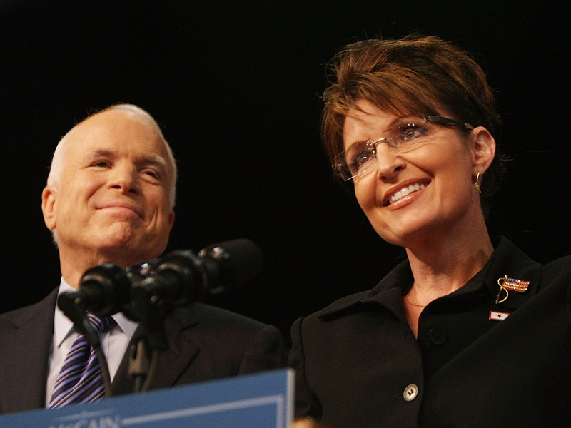 Republican presidential candidate John McCain stands with his running mate, Sarah Palin, on Aug. 29, 2008, in Dayton, Ohio. The excitement Palin generated at first didn't last long. (Image credit: Getty Images)