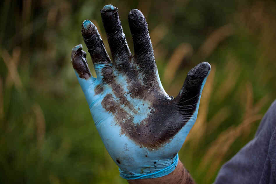 Bolenbaugh holds up a hand coated with oil sludge he has found in the Kalamazoo River two years after the spill, and two weeks after the state and EPA reopened the river to recreational use.