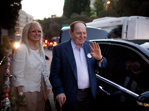 Sheldon Adelson and his wife, Miriam, leave a speech by Republican presidential candidate Mitt Romney in Jerusalem on Sunday.