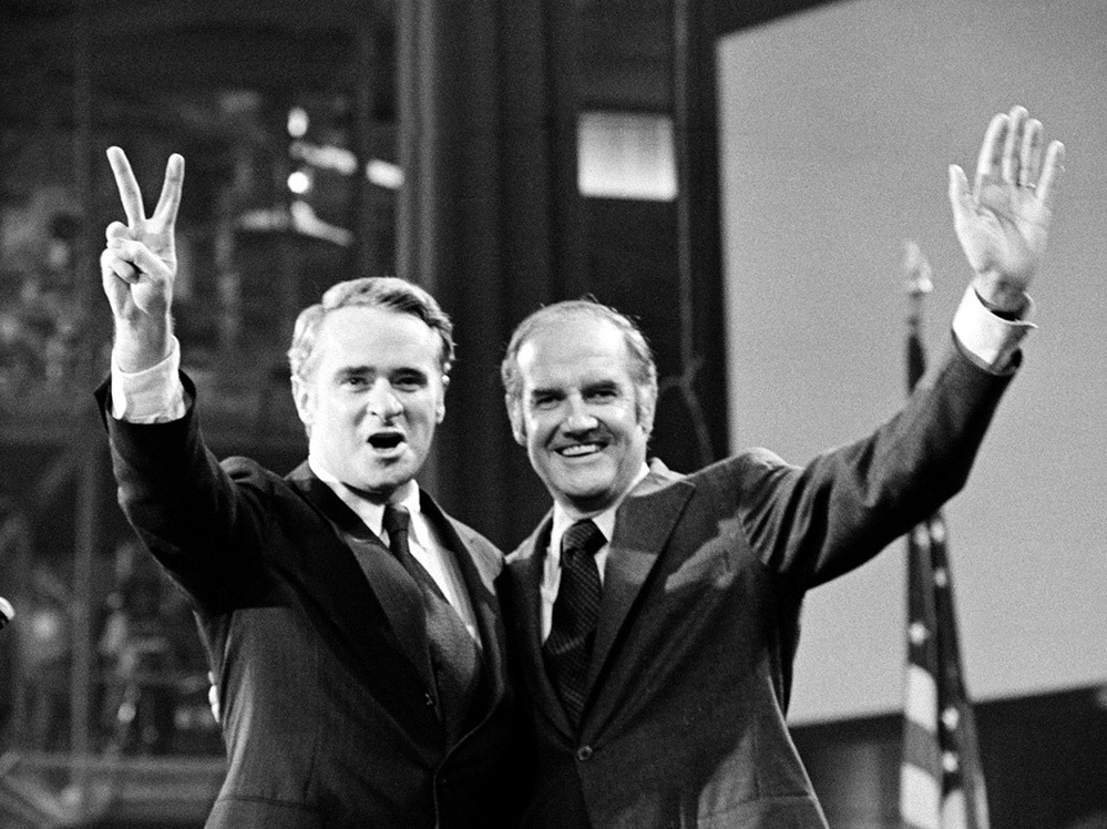 U.S. Sen. Thomas Eagleton, the vice presidential nominee, and Sen. George McGovern, the presidential candidate, stand before the delegates to the 1972 Democratic National Convention in Miami Beach, Fla. Less than a month after he was picked, Eagleton would be off the ticket.