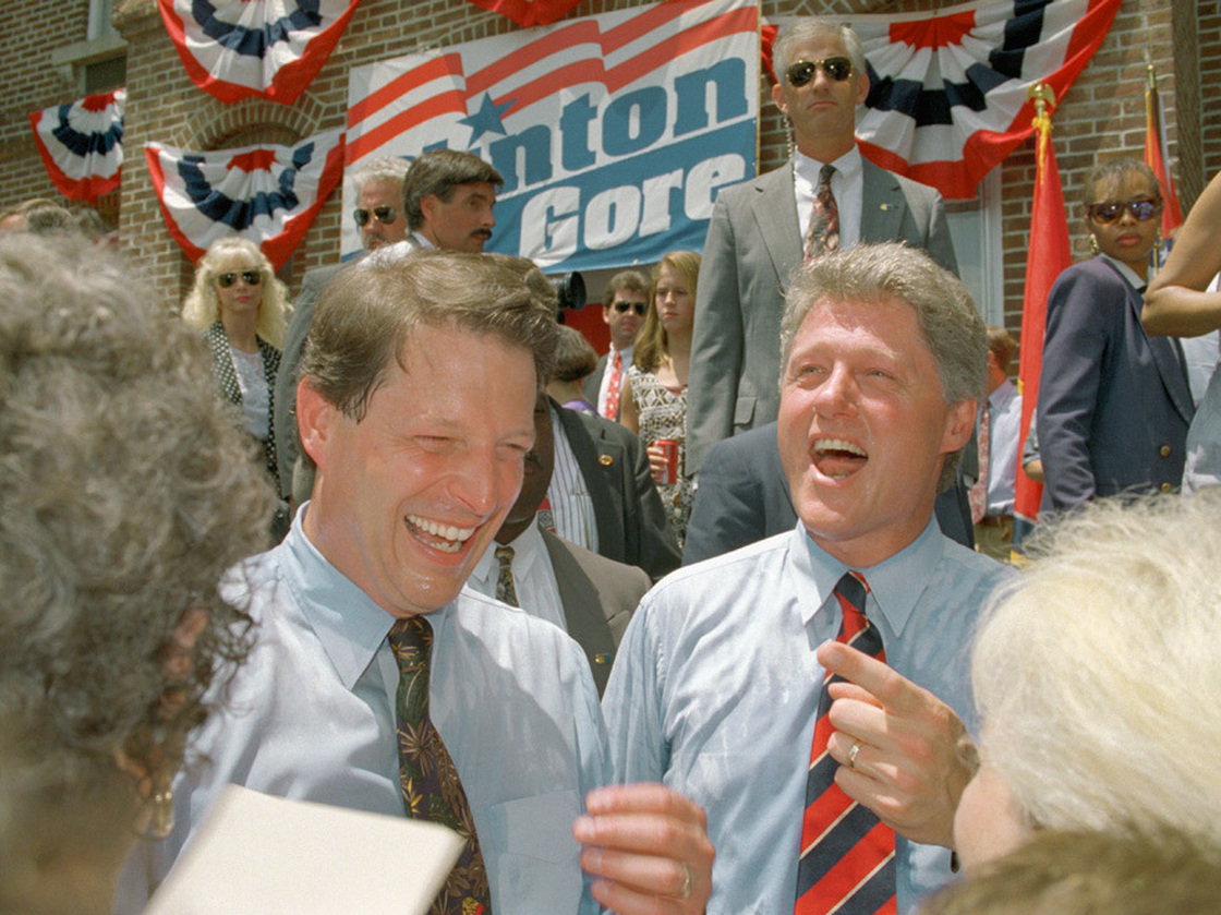 Democratic presidential hopeful Bill Clinton and his running mate, Al Gore, laugh after addressing a rally on the steps of City Hall in Gore's hometown of Carthage, Tenn. Clinton didn't follow the usual rules of balancing the ticket, and instead chose someone much like him.