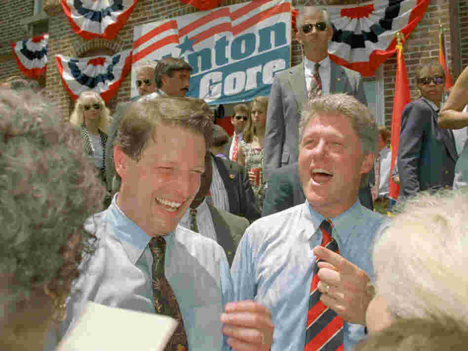 Democratic presidential hopeful Bill Clinton and his running mate, Al Gore, laugh after addressing a rally on the steps of City Hall in Gore's hometown of Carthage, Tenn. Clinton didn't follow the usual rules of balancing the ticket, and instead chose someone much like him.