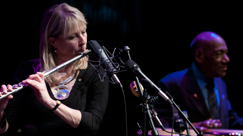 Jane Bunnett (left) and Candido perform at the Kennedy Center during the Mary Lou Williams Women in Jazz Festival.