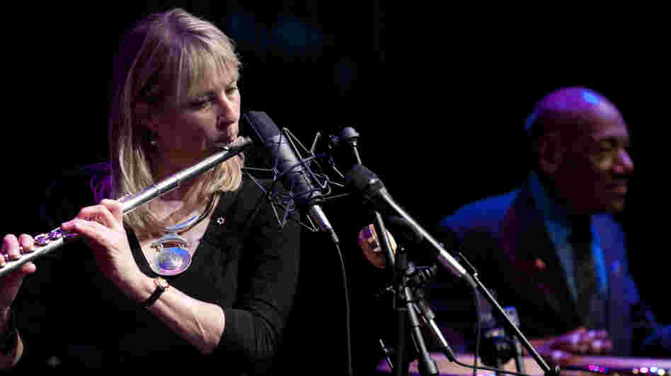 Jane Bunnett (left) and Candido perform at the Kennedy Center during the Mary Lou Williams Women in Jazz Festival.