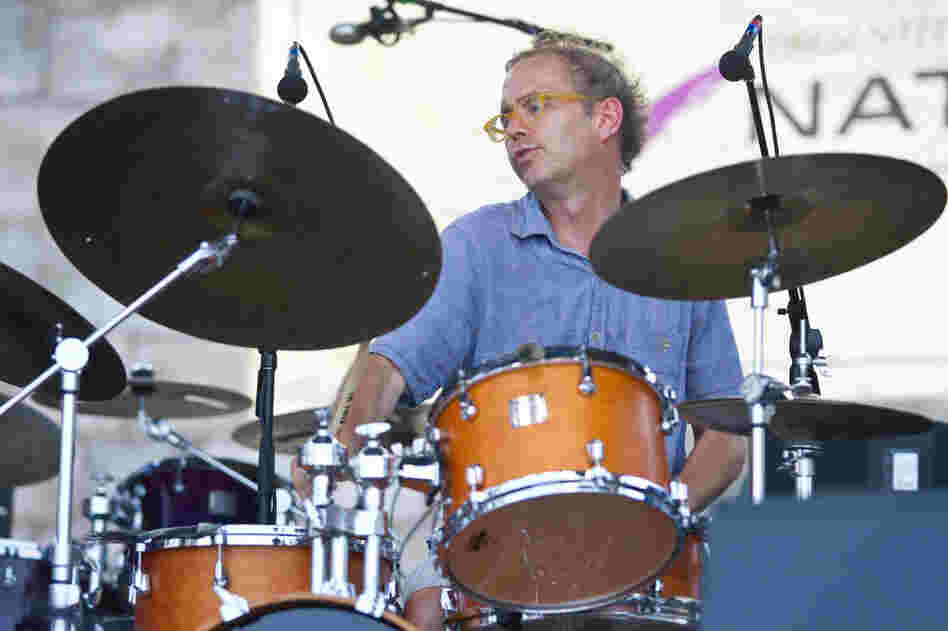 Drummer Kenny Wollesen performs with Bill Frisell at the 2012 Newport Jazz Festival.