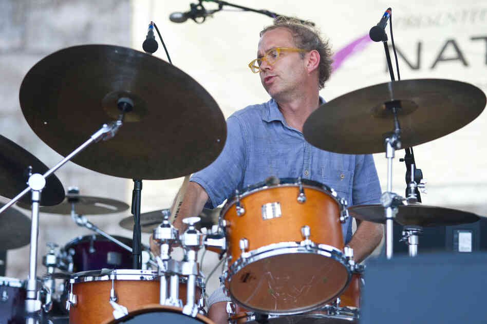 Drummer Kenny Wollesen performs with Bill Frisell at the 2012 Newport Jazz Festival.