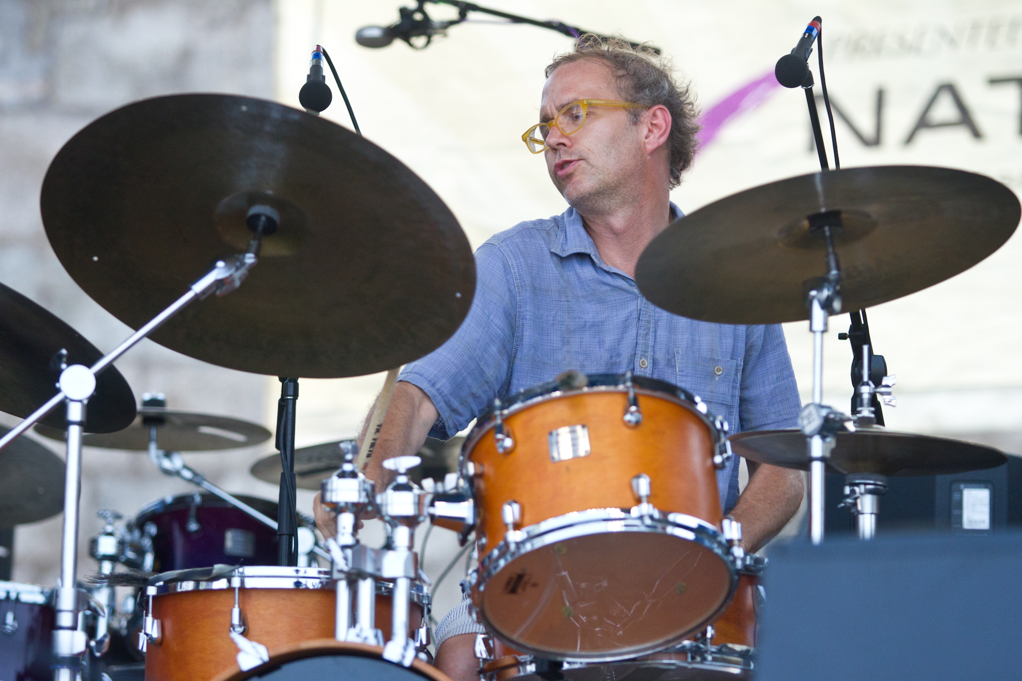 Drummer Kenny Wollesen performs with Bill Frisell at the 2012 Newport Jazz Festival.