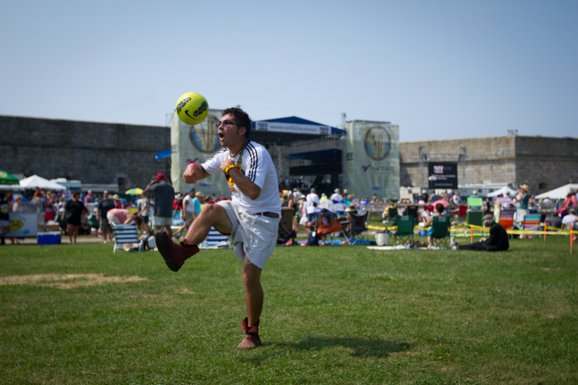 Quetzal Rodriguez of Phoenicia, N.Y., juggled a soccer ball on the Fort Adams State Park grounds, the home of the Newport Jazz Festival.