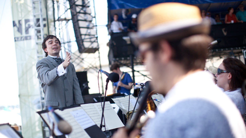 Darcy James Argue conducts his Secret Society at the 2012 Newport Jazz Festival.