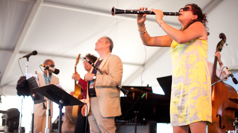 The 3 Clarinets — (left to right) Evan Christopher, Ken Peplowski and Anat Cohen — play on the Harbor Stage at the Newport Jazz Festival.