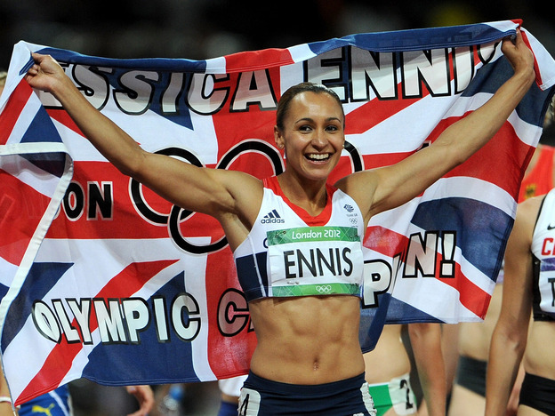 Jessica Ennis of Great Britain Â celebrates after winning gold Saturday in the heptathlon on Day 8 of the London 2012 Olympic Games.