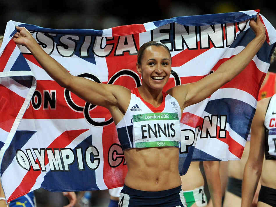 Jessica Ennis of Great Britain Â celebrates after winning gold Saturday in the heptathlon on Day 8 of the London 2012 Olympic Games.