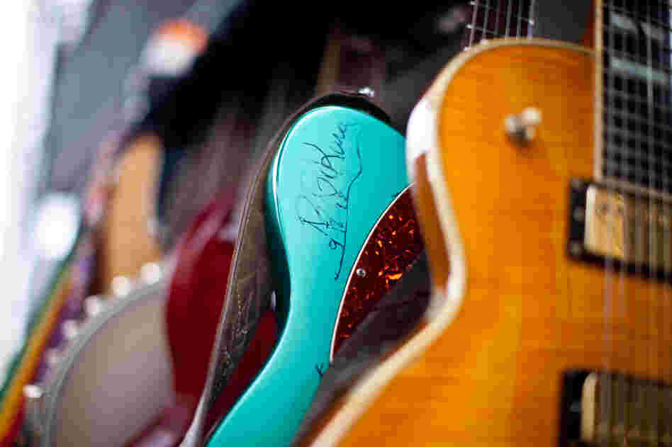 B.B. King's signature adorns a guitar, as seen behind the Fort Stage before the start of Sunday at the Newport Jazz Festival.