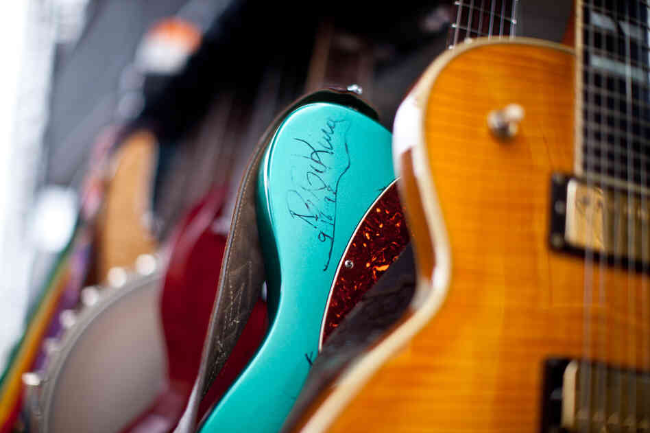 B.B. King's signature adorns a guitar, as seen behind the Fort Stage before the start of Sunday at the Newport Jazz Festival.