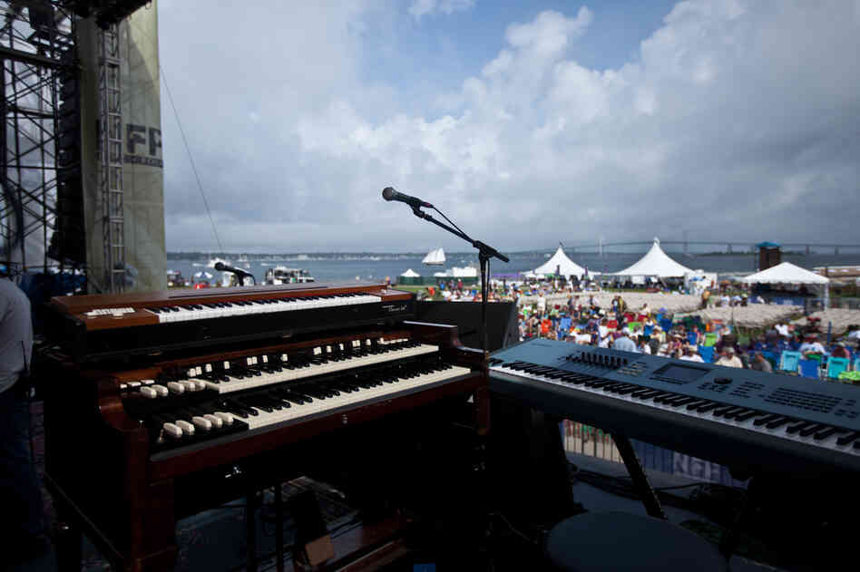 Preparations are underway on the main Fort Stage at the Newport Jazz Festival, overlooking the Pell Bridge and the pleasure craft of Narragansett Bay.
