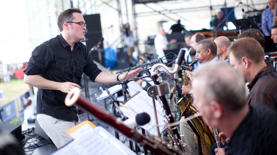 Ryan Truesdell conducts his Gil Evans Centennial Project onstage at the 2012 Newport Jazz Festival.
