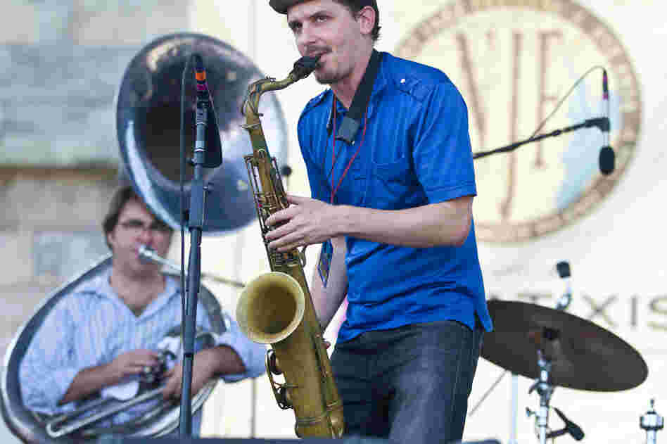 Song titles like "Three-Legged Tango In Jackson Square" and "Zydeco Clowns On The Lam" clue us into the Southern Gothic imagination of saxophonist John Ellis and his band, Double-Wide. New Orleans resident Matt Perrine played sousaphone bass during the festival's first main-stage show.
