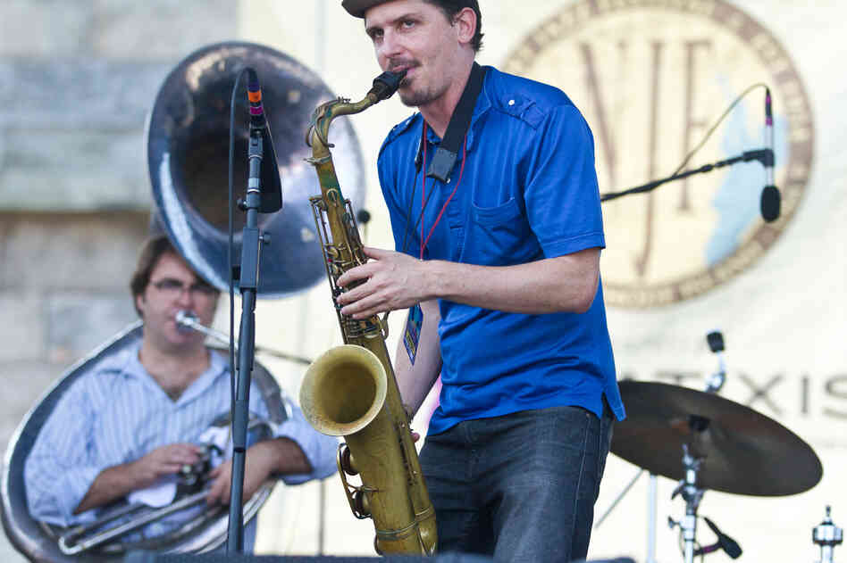 Song titles like "Three-Legged Tango In Jackson Square" and "Zydeco Clowns On The Lam" clue us into the Southern Gothic imagination of saxophonist John Ellis and his band, Double-Wide. New Orleans resident Matt Perrine played sousaphone bass during the festival's first main-stage show.