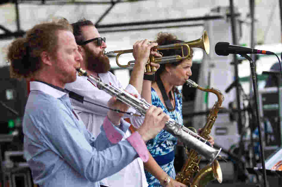 The siblings Yuval (left), Avishai (center) and Anat Cohen play the Fort Stage. As 3 Cohens, they've already released three albums; their Newport set was filled with originals and arrangements of classics by Duke Ellington and Charlie Parker.