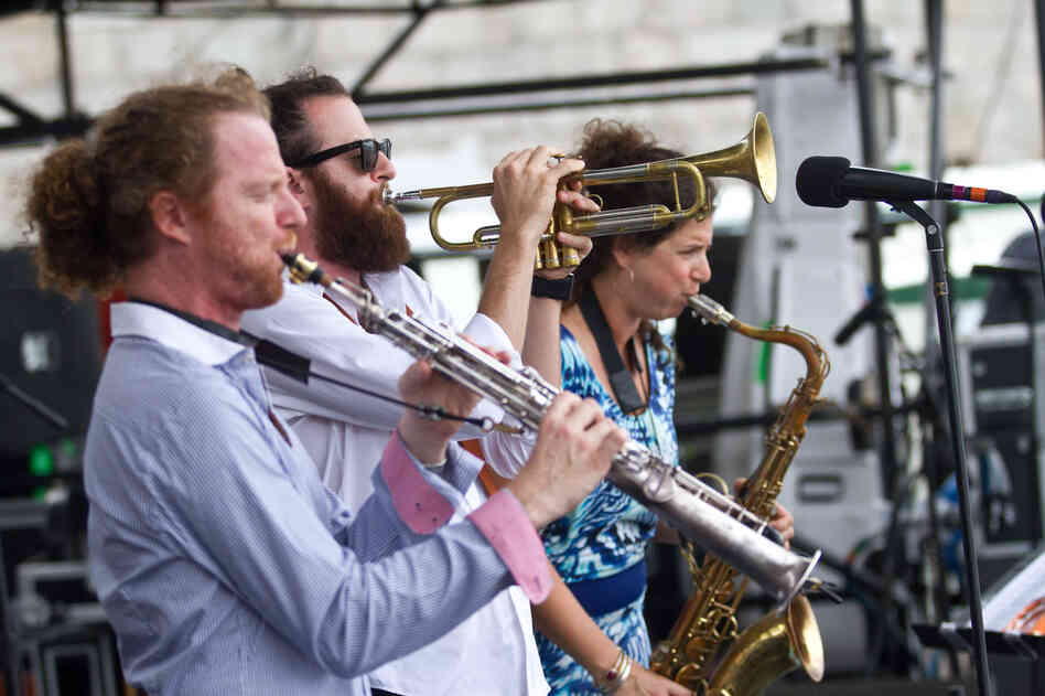 The siblings Yuval (left), Avishai (center) and Anat Cohen play the Fort Stage. As 3 Cohens, they've already released three albums; their Newport set was filled with originals and arrangements of classics by Duke Ellington and Charlie Parker.