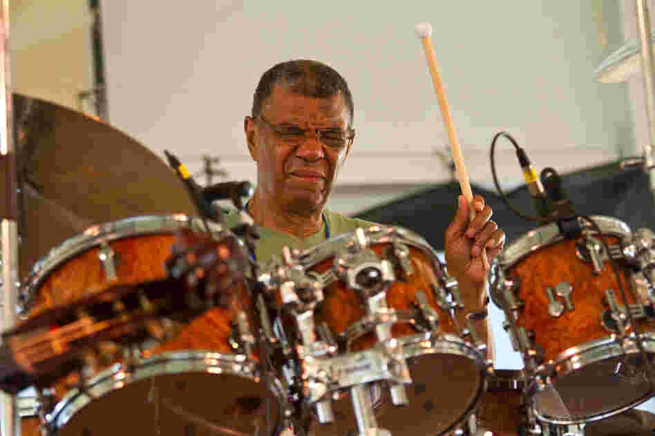 Jack DeJohnette, shown here jamming with an all-star group, has a long history with Newport: He played in the Miles Davis Quintet when it came to the festival in 1969.