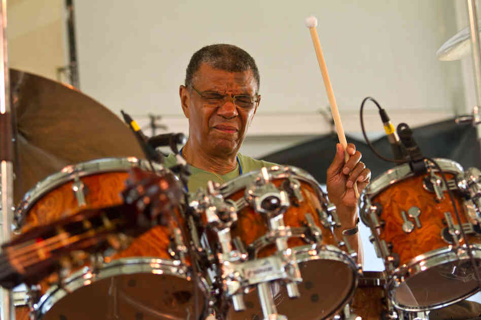 Jack DeJohnette, shown here jamming with an all-star group, has a long history with Newport: He played in the Miles Davis Quintet when it came to the festival in 1969.