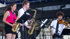 Saxophonists Lihi Haruvi (left) and Matthew Halpin (center) and violinist Alex Hargreaves (right) of The Berklee Global Jazz Ambassadors perform at the 2012 Newport Jazz Festival. Saxophonists Lihi Haruvi (left) and Matthew Halpin (center) and violinist Alex Hargreaves (right) of The Berklee Global Jazz Ambassadors perform at the 2012 Newport Jazz Festival.
