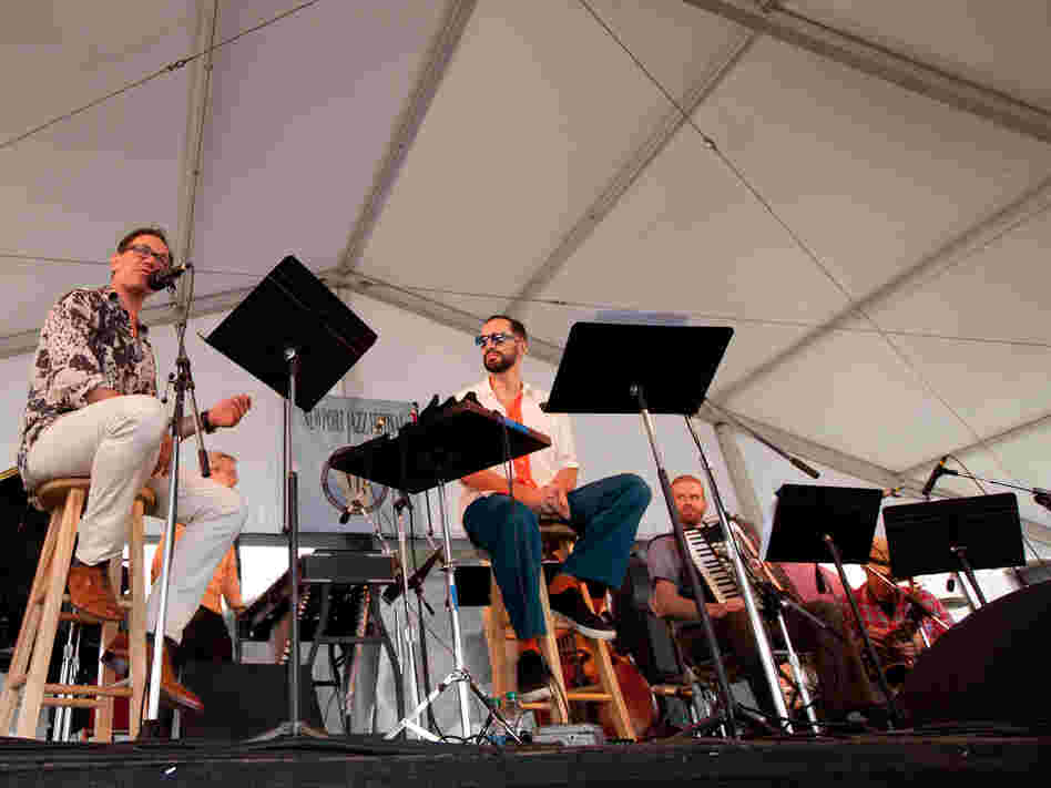 Vocalists Kurt Elling (left) and Theo Bleckmann (center) were crucial to drummer John Hollenbeck's setting of the poems of Kenneth Patchen. Hollenbeck brought his unique Claudia Quintet, which was actually a sextet with the addition of a pianist.