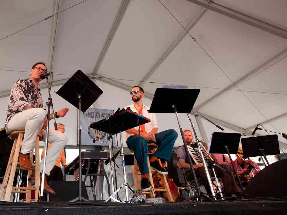 Vocalists Kurt Elling (left) and Theo Bleckmann (center) were crucial to drummer John Hollenbeck's setting of the poems of Kenneth Patchen. Hollenbeck brought his unique Claudia Quintet, which was actually a sextet with the addition of a pianist.