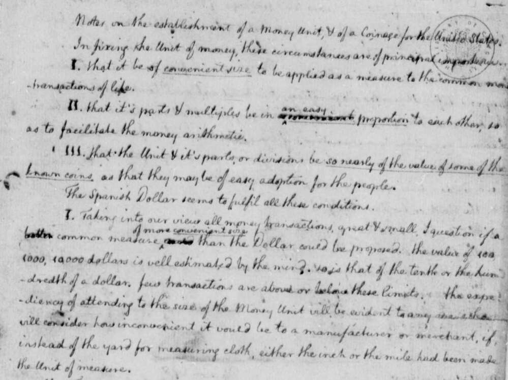 Jefferson's 1784 essay "Notes on the Establishment of a Money Unit, and of a Coinage for the United States."