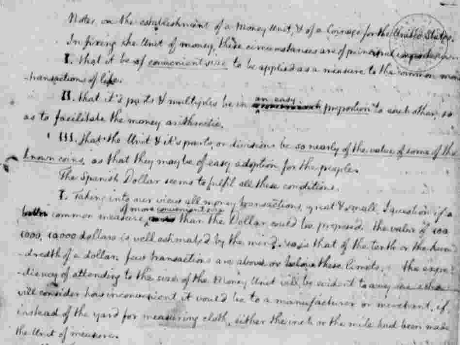 Jefferson's 1784 essay "Notes on the Establishment of a Money Unit, and of a Coinage for the United States."