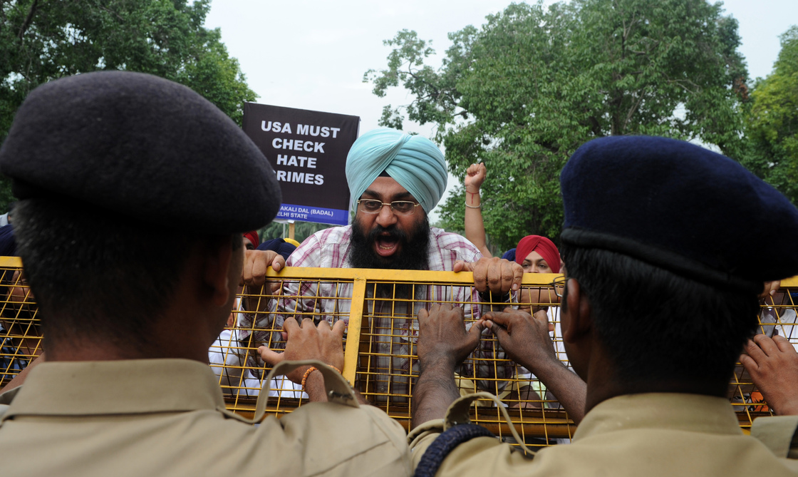 Activists of the Shiromani Akali Dal shout anti-US slogans during a protest near the U.S. embassy in New Delhi on Monday.