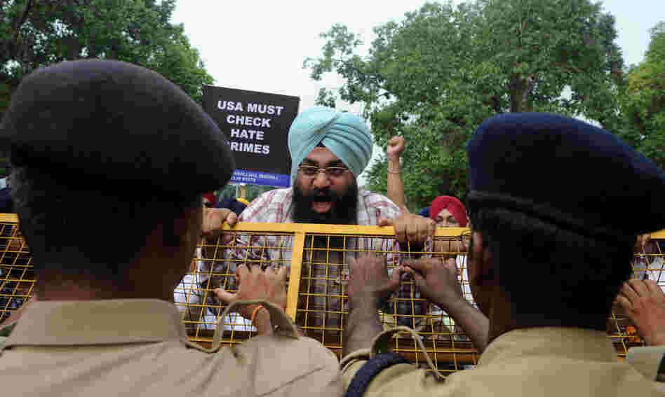 Activists of the Shiromani Akali Dal shout anti-US slogans during a protest near the U.S. embassy in New Delhi on Monday.