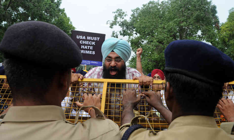 Activists of the Shiromani Akali Dal shout anti-US slogans during a protest near the U.S. embassy in New Delhi on Monday.
