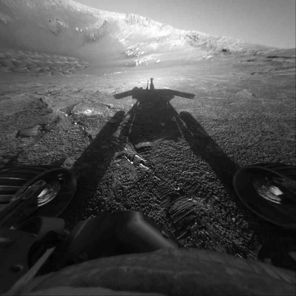 A snapshot of Opportunity's shadow was taken as the rover moved into Endurance Crater in 2004.
