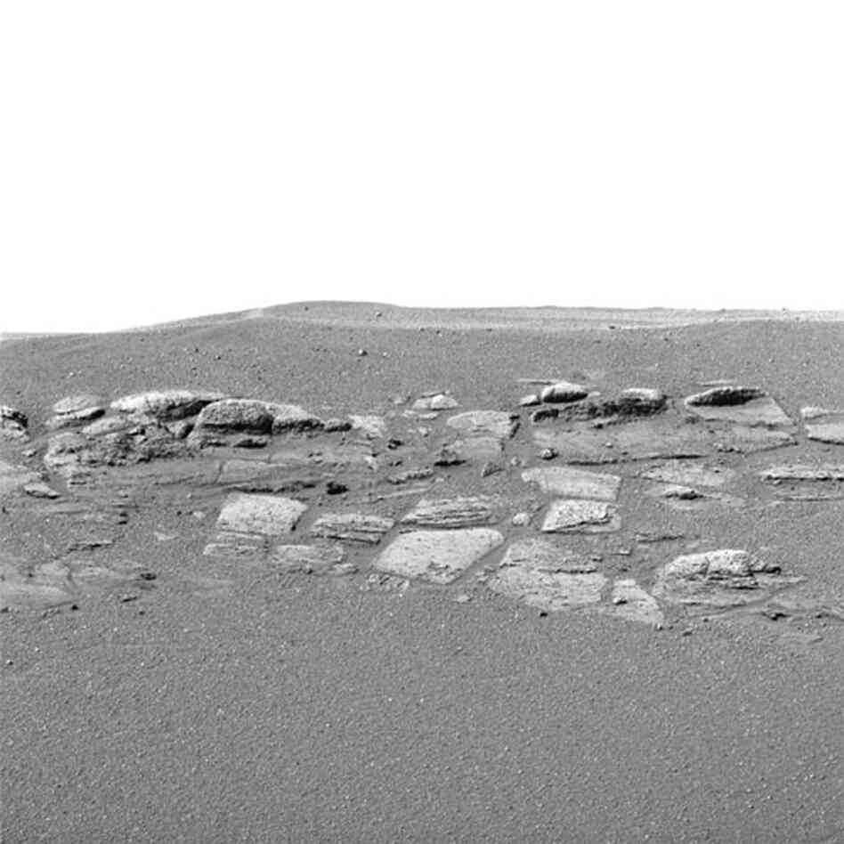 Opportunity's panoramic camera shows a portion of the Martian rock outcropping, 2004.