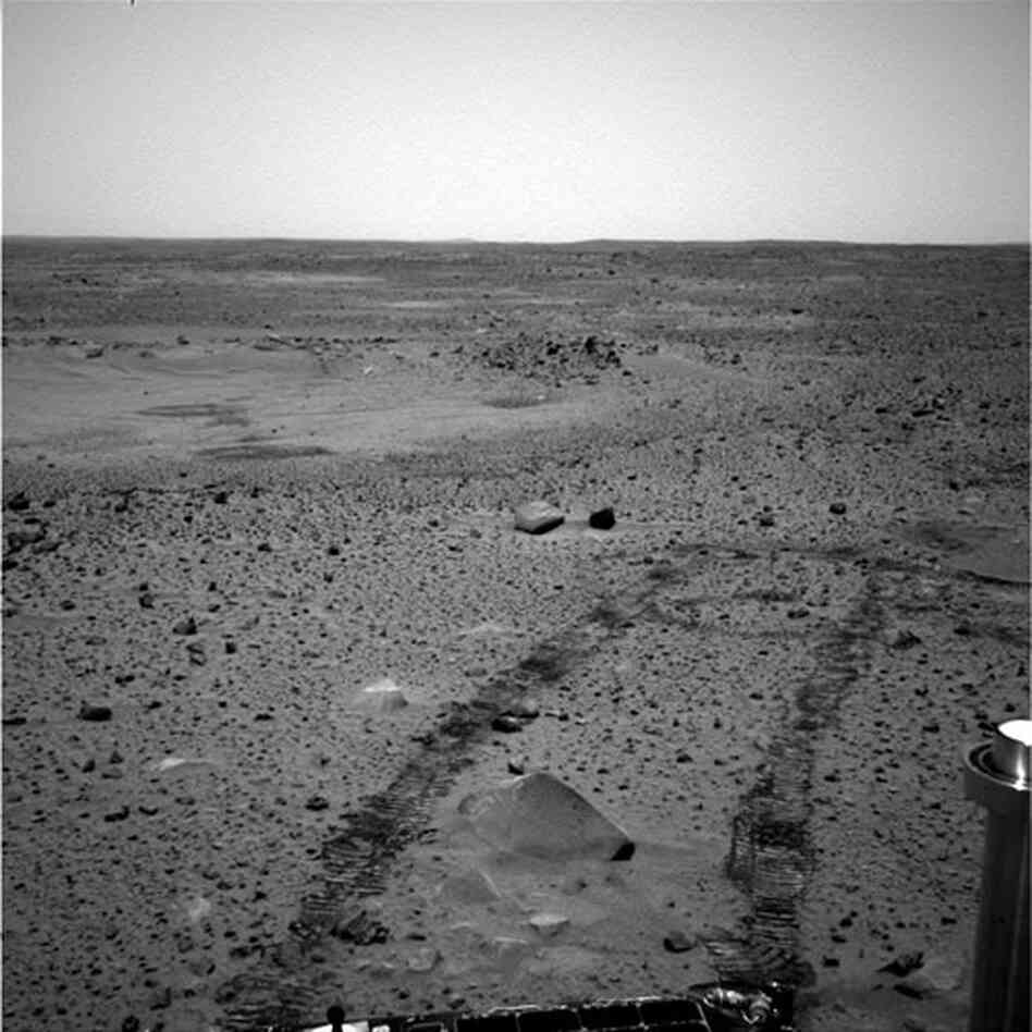 This image taken by Spirit in 2004 shows the tracks it created in the Martian soil.