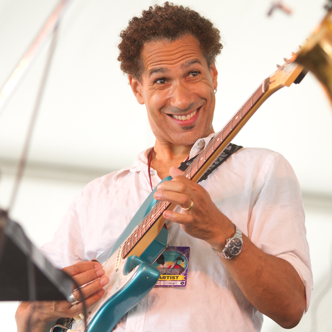 David Gilmore from Rudresh Mahanthappa's Samdhi is all smiles at the Newport Jazz Festival.