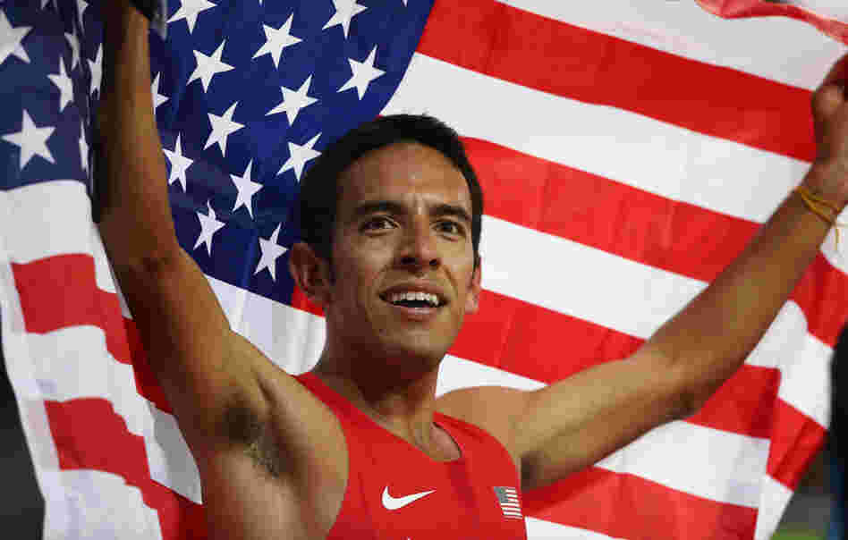 Leonel Manzano of the United States celebrates after winning silver in the Men's 1500m Final at Olympic Stadium in London.
