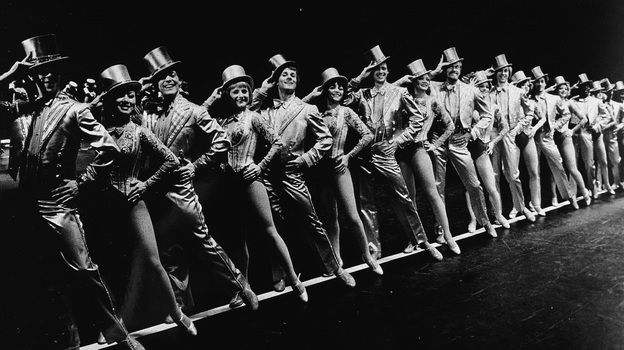 Actors onstage in A Chorus Line, around 1980.