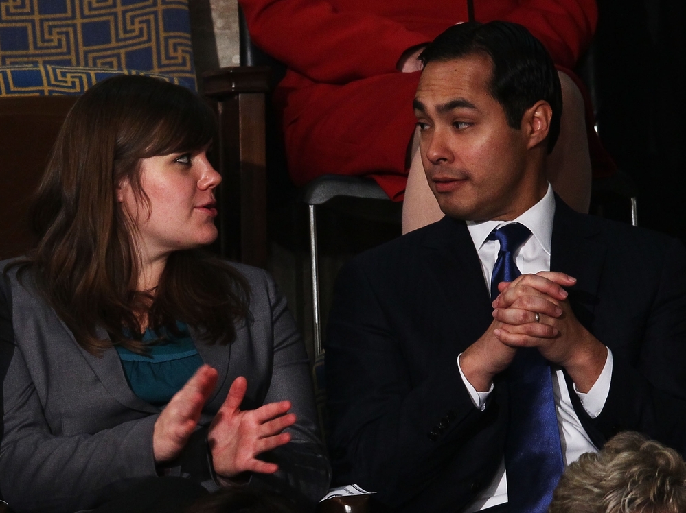 University of Colorado Denver student Mahala Greer and  San Antonio Mayor Julian Castro talk prior to President Obama's State of the Union address on January 24, 2012 in Washington, D.C.