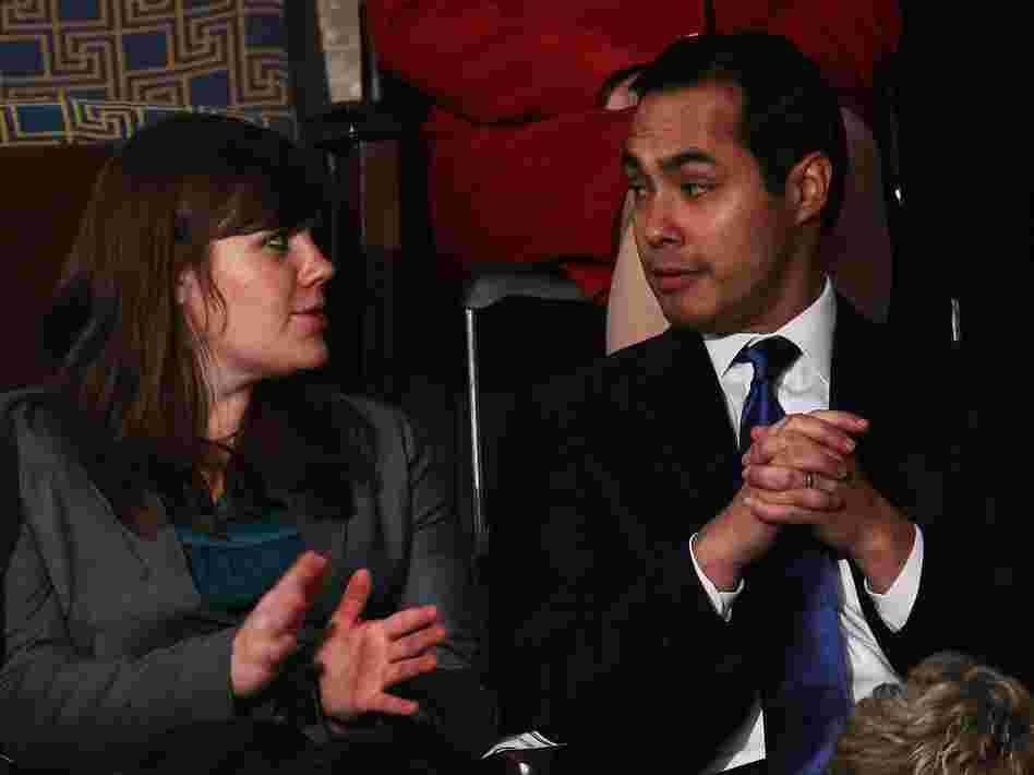University of Colorado Denver student Mahala Greer and  San Antonio Mayor Julian Castro talk prior to President Obama's State of the Union address on January 24, 2012 in Washington, D.C.