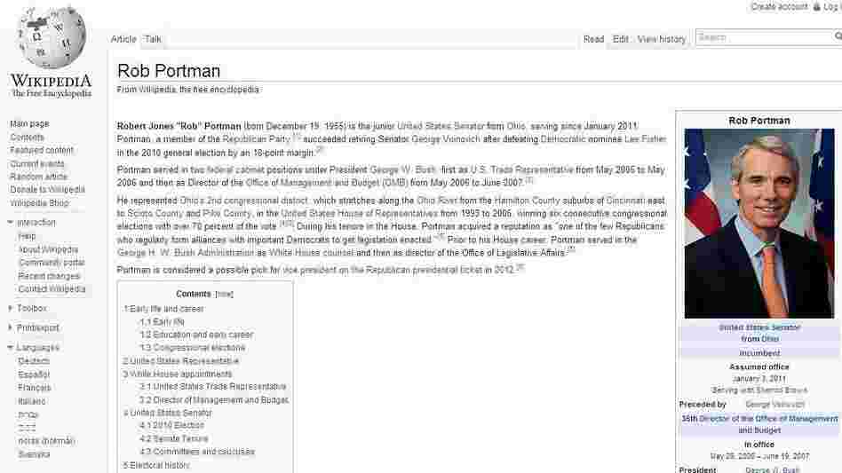 Wikipedia's entry for Sen. Rob Portman, R-Ohio. Is today's activity there a clue to Mitt Romney's vice presidential pick?