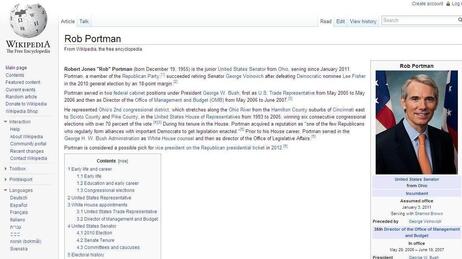 Wikipedia's entry for Sen. Rob Portman, R-Ohio. Is today's activity there a clue to Mitt Romney's vice presidential pick? Wikipedia's entry for Sen. Rob Portman, R-Ohio. Is today's activity there a clue to Mitt Romney's vice presidential pick?