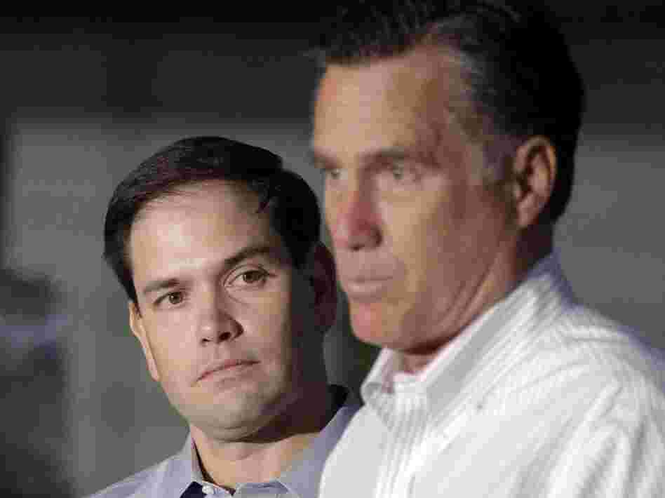 Sen. Marco Rubio, R-Fla., listens at left as Republican presidential candidate Mitt Romney speaks in Aston, Pa., in April. Republican leaders from Jeb Bush to John McCain have touted Rubio for vice president.