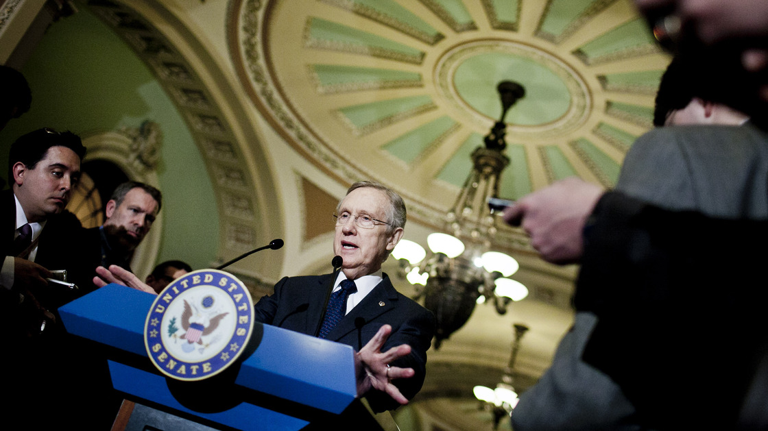 Senate Majority Leader Harry Reid, D-Nev. speaks to the media at the Capitol in March.