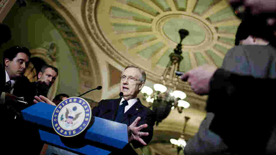 Senate Majority Leader Harry Reid, D-Nev. speaks to the media at the Capitol in March.