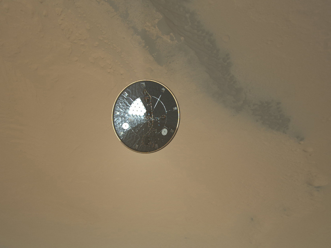 The heat shield as seen by a descending Mars Curiosity Rover.
