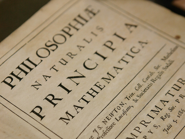 A copy of Philosphiae Naturalis Principia Mathematica by Sir Isaac Newton at the Science Museum Library and Archives in Swindon, England.